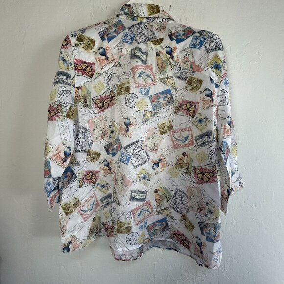 Chico's Womens No-Iron Linen Postal Print 3/4 Sleeve Button-Down Shirt Size 3 - Picture 2 of 7